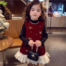 女童富家千金连衣裙秋冬装2025新款女孩小童红色背心裙套装新年服