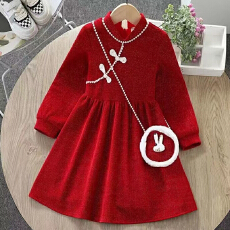 批发2026女孩拜年服新款复古钉珠盘扣国风<b class='q'>女童</b>时尚喜庆<b class='q'>连衣裙</b>穿搭潮