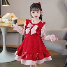批发2026<b class='q'>秋</b>冬新年喜庆红色时尚甜美重工女宝宝连衣裙时髦洋气蓬蓬裙