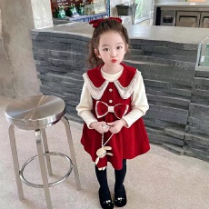 批发2026<b class='q'>秋</b>冬时髦洋气喜庆两件套娃娃领蝴蝶结可爱公主连衣裙打底衫潮
