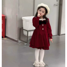 批发女童红色新年礼服连衣裙秋冬新款<b class='q'>儿童</b>宝宝2026蝴蝶结丝绒蛋糕裙
