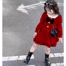 批发女童红色新年礼服连衣裙2026新款儿童宝宝甜美蝴蝶结丝绒蛋糕裙