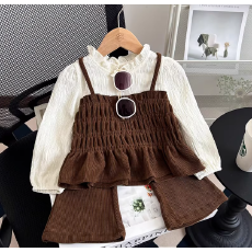 批发女童<b class='q'>秋</b>季新款法式套装女宝洋气时髦娃娃衫吊带褶皱小衫喇叭裤套装