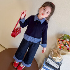 女童套装秋款2026新款儿童洋气格子polo衫小女孩秋季阔腿裤两件套