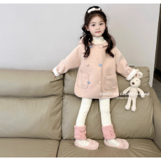 批发女童纯色大衣秋冬新款女孩洋气时髦加绒加厚<b class='q'>儿童</b>甜美风外套童装