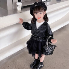 批发<b class='q'>女童</b>皮<b class='q'>衣</b>纱裙套装<b class='q'>长袖</b>拼接蛋糕裙春秋新款<b class='q'>女童</b>韩<b class='q'>版</b>机车服上衣套装