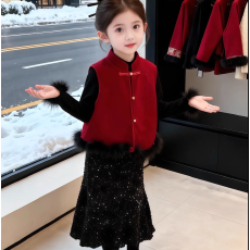 批发女<b class='q'>童</b><b class='q'>设计</b>感年服<b class='q'>套装</b>2026新款气质女孩国风加绒马甲打底鱼尾裙<b class='q'>套装</b>