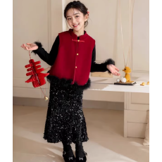 批发秋冬时髦儿童拜年服新款中国风百搭洋气休闲女童<b class='q'>马甲</b>套装裙三件套
