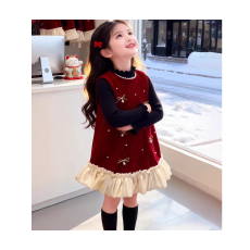 批发<b class='q'>女童</b>加<b class='q'>绒套装</b>2026冬季新款公主裙无袖洋气加绒蝴蝶结背心打底套装