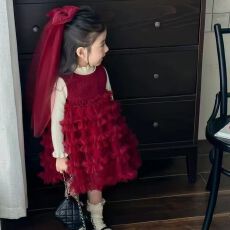 批发女<b class='q'>童</b><b class='q'>红色</b>新<b class='q'>年</b>裙2026春秋新款钉珠背心裙公主裙蓬蓬网纱连衣裙礼服