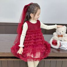 批发新年服装女<b class='q'>童</b><b class='q'>打底连衣裙</b>时尚韩版<b class='q'>套装</b>钉珠重工蓬蓬公主裙背心裙