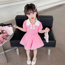 女童套装夏装2026新款儿童学院风短袖两件套女孩时髦复古国风套装