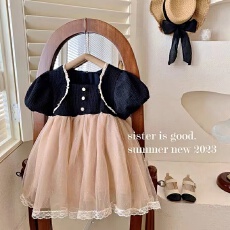 女童连衣裙2026夏季新款韩系洋气短袖拼接公主裙女宝甜美蓬蓬裙子