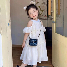 批发甜美女孩<b class='q'>夏</b>季公主裙挂脖漏肩木耳边裙子女宝宝韩版洋气简约连衣裙