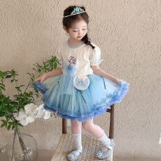 批发女小童夏季设计感凸凸<b class='q'>裙</b>套装2026新款女宝宝洋气短袖蓬蓬<b class='q'>裙</b>两件套