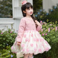 批发女童<b class='q'>春</b>秋长袖连衣裙粉色玫瑰花蓬蓬裙女童裙2026新款小香风裙童装