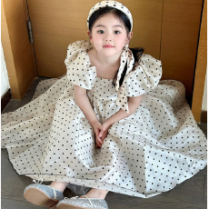 批发2026夏<b class='q'>女童</b>重工款<b class='q'>气质</b>长款木耳边设计波点泡泡短袖公主连衣<b class='q'>裙</b><b class='q'>礼服</b>