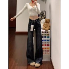批发美式复古双扣微喇叭<b class='q'>牛仔裤</b>女2025秋冬新款高腰<b class='q'>弹力</b>显瘦马蹄裤子