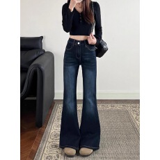 批发辣妹<b class='q'>弹力</b>紧身微喇<b class='q'>牛仔裤</b>女秋季复古蓝色高腰喇叭裤马蹄裤长裤裤子