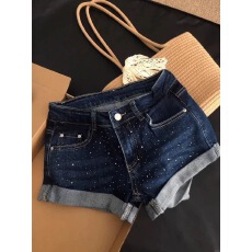 批发深蓝色烫钻卷边牛仔超<b class='q'>短裤</b>女夏季<b class='q'>新款</b>弹力低腰性感a字包臀热裤子