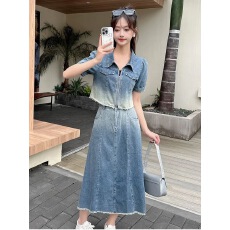 批发渐变色拉链<b class='q'>牛仔</b>服<b class='q'>上衣</b>夏季女高腰半身裙流行气质甜辣妹长裙子套装