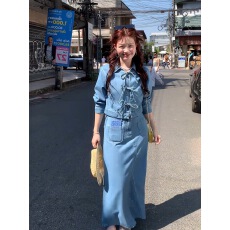 批发时髦辣妹气质<b class='q'>个性</b>蝴蝶结牛仔衬衫包臀裙<b class='q'>女装</b>2026春季新款高级套装