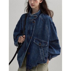 批发Letm 北欧中古感/水洗牛仔肌理翻立领撞色廓形感飞行员夹克外套女