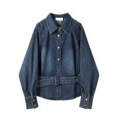 批发别致设计绑带收腰复古做旧牛仔衬衫高级感早春季韩系宽松显瘦衬衣