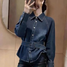 批发韩版时尚复古水洗系带收腰Polo领设计感小众百搭洋气<b class='q'>牛仔</b><b class='q'>衬衫女</b>