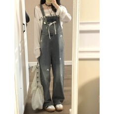 批发美式复古牛仔<b class='q'>背带裤</b>女2026新款春秋宽松蝴蝶结烫钻夏季减龄直筒裤