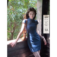 批发【天水碧】新中式洗水牛仔改良旗袍女连衣裙<b class='q'>春</b>夏收腰短裙