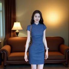 批发新中式国风改良牛仔旗袍女2025夏季收腰显瘦连衣裙复古包臀裙