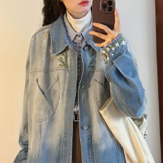 批发秋季美式复古设计感宽松花卉刺绣渐变牛仔夹克外套男女爆款潮ins