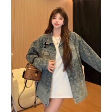 批发满印提花十字架烫钻牛仔外套男女春新款美式复古轻奢小众翻领夹克