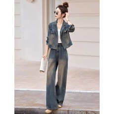 批发牛仔套装女2026春秋新款时尚洋气减龄短款<b class='q'>西服</b>阔腿裤小香风两件套