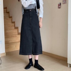 批发黑色牛仔裙复古小个子高腰a字包臀裙女<b class='q'>春</b>季遮胯显瘦中长款半身裙