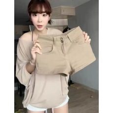 批发美式卡其色低腰显瘦<b class='q'>牛仔</b><b class='q'>短裤</b>女辣妹夏季新款直筒修身慵懒休闲热裤