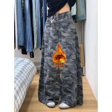 批发复古迷彩色阔腿牛仔裤女小众设计感高腰显瘦加绒加厚直筒拖地裤