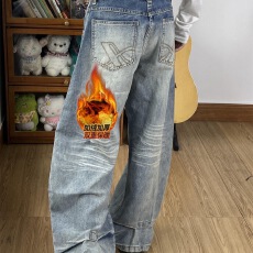 批发美式复古牛仔裤刺绣口袋秋<b class='q'>冬</b>阔腿弯刀新款宽松高腰直筒拖地长裤子