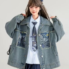 批发高级感刺绣牛仔外套女2026早<b class='q'>春</b>新款文艺风宽松显瘦夹克上衣