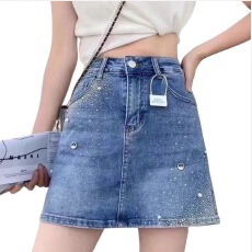 批发钉珠牛仔半身裙女短裙2024夏装新款高腰显瘦欧货烫钻防走光一步裙