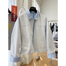批发拼接撞色翻领短款牛仔外套女小个子早春秋学院风学生工装夹克上衣