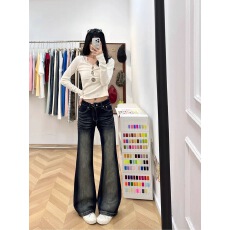 批发蓝灰色春夏新款微喇叭<b class='q'>牛仔裤</b>女美式复古低腰修身显瘦梨形马蹄裤子