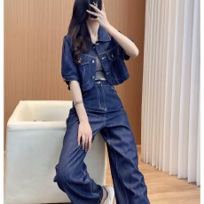 批发牛仔套装<b class='q'>女</b>2026夏季新款短袖<b class='q'>长裤</b>韩版宽松显瘦遮肉薄款休闲两件套