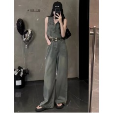 批发时尚港味牛仔套装<b class='q'>女</b>夏季新款毛边无袖马甲外套高腰阔腿<b class='q'>长裤</b>两件套