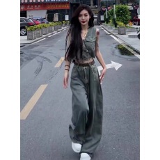批发港味复古牛仔套装<b class='q'>女</b>夏季新款毛边无袖短款马甲高腰阔腿<b class='q'>长裤</b>两件套