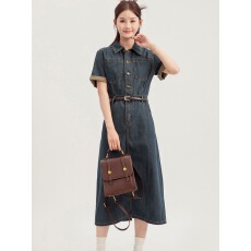 批发复古收腰<b class='q'>牛仔</b>连衣裙女夏季新款法式高级感小个子气质港风长款裙子