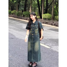 批发五是喜喜~复古做旧<b class='q'>牛仔</b>连衣裙女夏季休闲配腰带收腰显瘦长款裙子