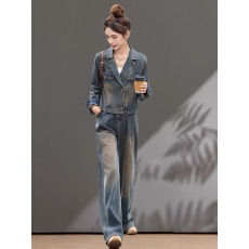 批发<b class='q'>牛仔</b><b class='q'>套装</b>女2026春秋季新款时尚洋气减龄短款外套时髦阔腿裤两件套