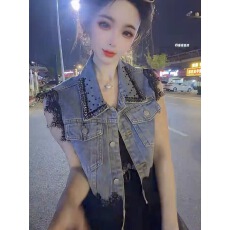批发重工蕾丝拼接牛仔马甲女2026夏季新款韩版宽松洋气坎肩背心上衣潮